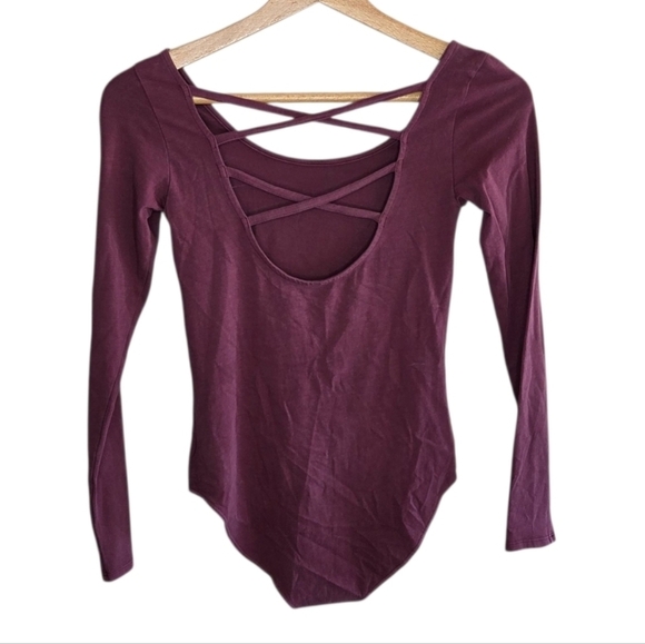 American Eagle Cotton Stretch Burgundy Long Sleeve Open Back Bodysuit Size XS - Picture 7 of 7